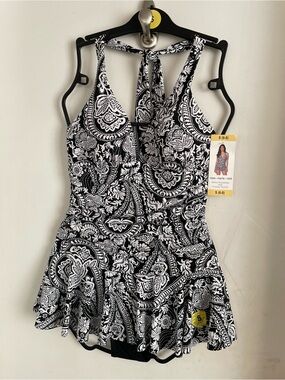 Rose Marie Reid Black & White Paisley Halter One-Piece Swimdress